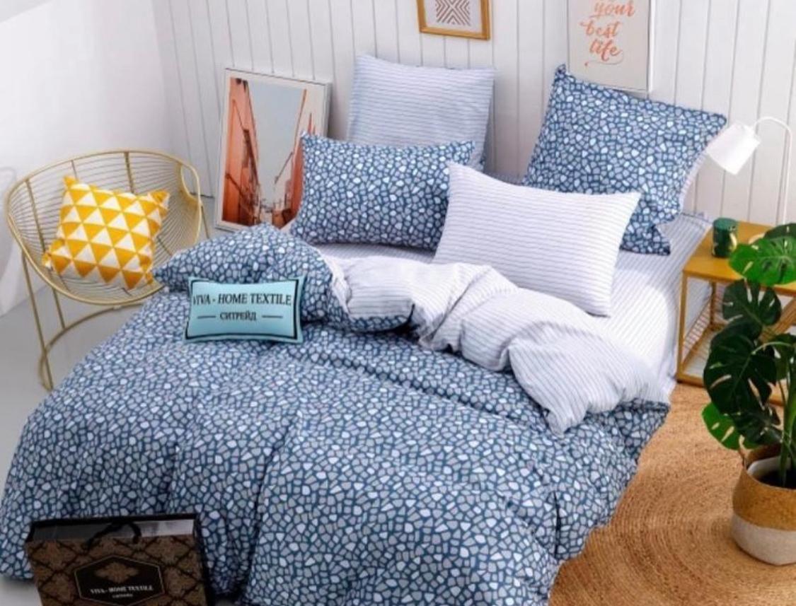 طقم لحاف قطن بلون ازرق منقط بابيض بمقاس (220*240)