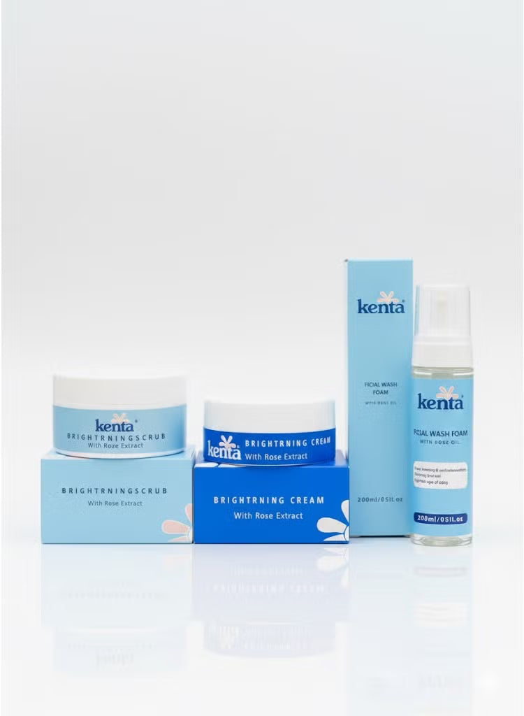 Kenta Rose Oil Collection includes Kenta Cream, Foaming Cleanser, and Scrub for an even-toned, radiant, and clear complexion