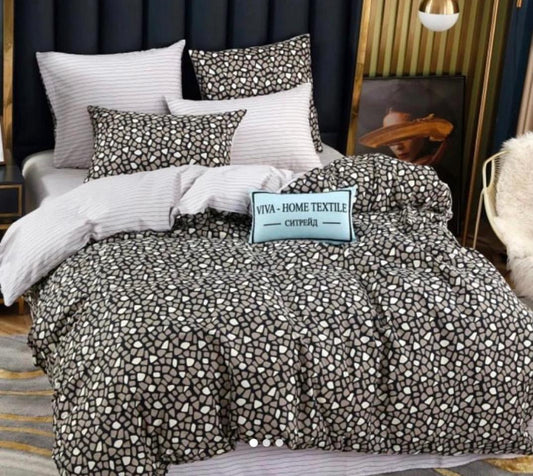 3 Piece Comforter Set Stripe Design (Size 240×220 cm) Black with White Geometric Pattern